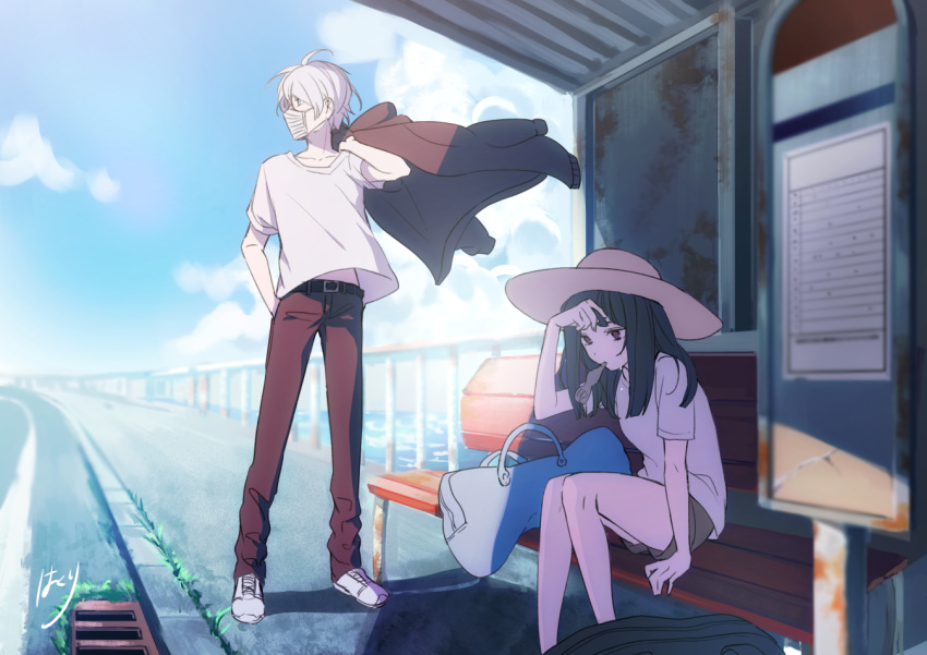 1boy 1girl ahoge arm_up bangs bare_legs belly_peek belt belt_buckle bench black_hair blue_sky blunt_bangs brown_pants buckle bus_stop carrying_clothes clouds cloudy_sky coat collarbone commentary_request day dripping grass hakuri hand_in_pocket hand_up hat head_down knees_together_feet_apart looking_away looking_down looking_to_the_side luggage medium_hair mouth_hold no_pupils ocean onii-san_(sachi-iro_no_one_room) original pants railing road sachi-iro_no_one_room sachi_(sachi-iro_no_one_room) schedule sewer_grate shade shirt shoes shorts shorts_rolled_up sidewalk signature sitting sky sneakers sun_hat surgical_mask sweat sweating t-shirt violet_eyes white_hair white_shirt wiping_forehead wiping_sweat