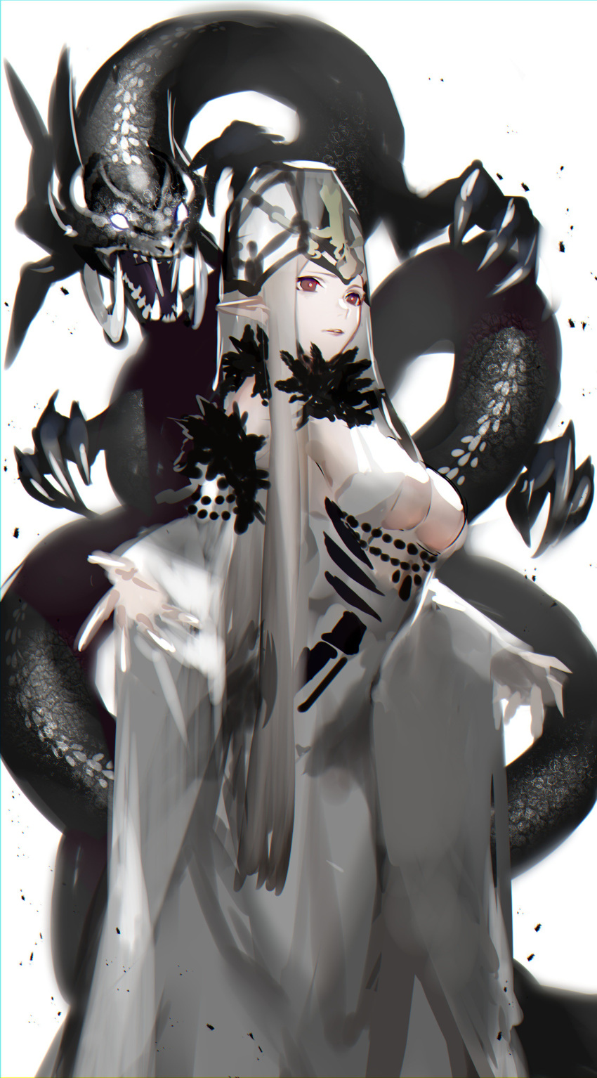 1girl absurdres breasts cleavage_cutout detached_sleeves dragon dress hat highres large_breasts loalo long_hair pointy_ears red_eyes white_hair