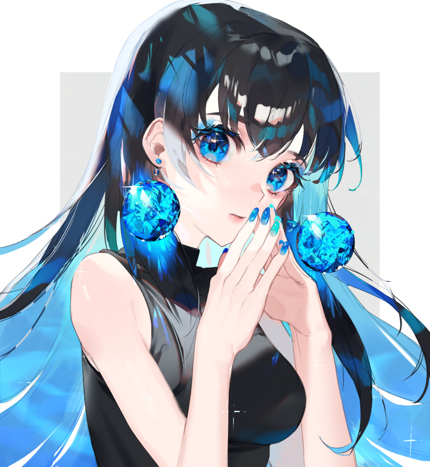 1girl aqua_nails bangs bare_shoulders black_hair black_shirt blue_eyes blue_gemstone blue_hair blue_nails breasts closed_mouth colored_inner_hair commentary earrings eyebrows_hidden_by_hair eyelashes fingernails gem glint hair_between_eyes hands_up highres jewelry lips long_hair looking_at_viewer medium_breasts multicolored_hair multicolored_nails nail_polish original redrawn refraction shirt sleeveless sleeveless_shirt solo sparkle sparkling_eyes turtleneck upper_body white_background zumi_(neronero126)