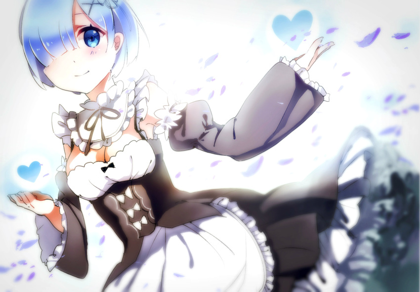 1girl apron asymmetrical_bangs bangs blue_eyes blue_hair blurry bow breasts chuzz cleavage commentary_request detached_sleeves dress dutch_angle floating_heart flower frilled_apron frilled_dress frilled_sleeves frills hair_flower hair_ornament hair_over_one_eye hands_up heart highres holding_heart light_blush looking_at_viewer maid petals re:zero_kara_hajimeru_isekai_seikatsu rem_(re:zero) short_hair sleeves_past_wrists smile solo wide_sleeves x_hair_ornament