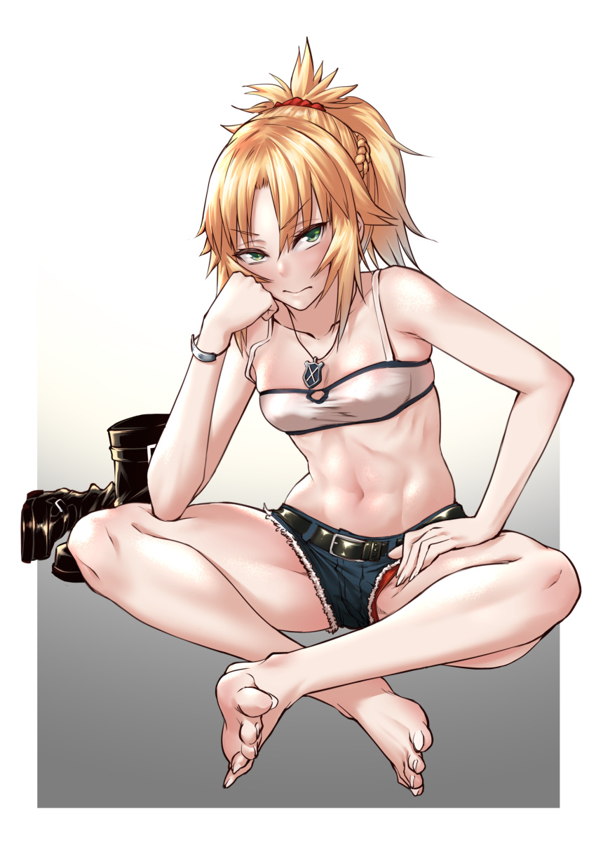 1girl absurdres bare_shoulders barefoot blonde_hair blush boots_removed braid breasts cleavage f.w.zholic fate/apocrypha fate_(series) green_eyes highres jewelry long_hair looking_at_viewer midriff necklace panties ponytail red_panties saber_of_red sitting solo underwear