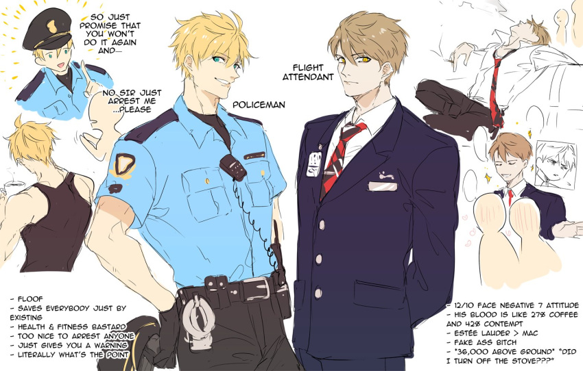 2boys artoria_pendragon_(all) blonde_hair blowing_smoke british_airways english fate/prototype fate_(series) green_eyes heart male_focus multiple_boys necktie police police_uniform policeman pvc_parfait saber_(fate/prototype) saber_alter uniform yellow_eyes