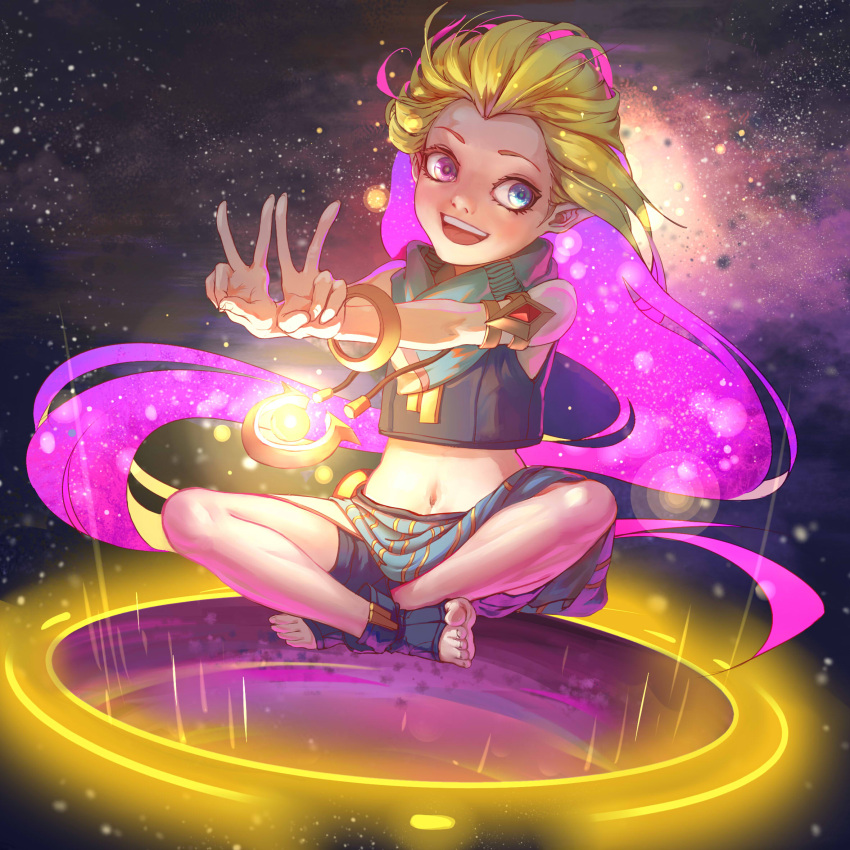 1girl armlet blonde_hair blue_eyes bracelet crop_top feet full_body heterochromia highres hong_yu jewelry league_of_legends long_hair midriff multicolored_hair navel necklace open_mouth purple_hair sarong scarf shorts sitting sky smile solo star_(sky) starry_sky toeless_legwear toes two-tone_hair v very_long_hair violet_eyes zoe_(league_of_legends)