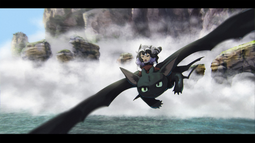 1girl animal_ears bow bowtie commentary_request common_raccoon_(kemono_friends) dragon flying fur_collar grey_hair how_to_train_your_dragon kemono_friends ocean parody raccoon_ears raccoon_tail riding tail toothless ueyama_michirou