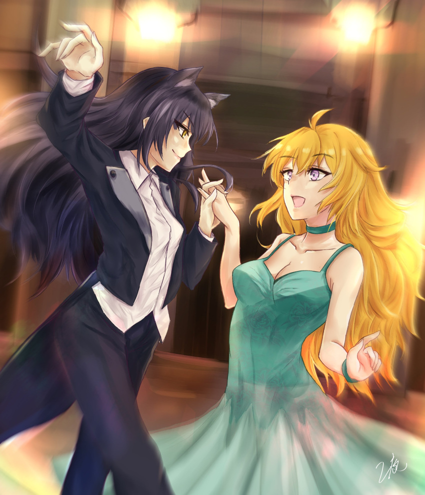 2girls absurdres animal_ears black_hair blake_belladonna blonde_hair blue_dress cat_ears commentary_request dancing dress highres multiple_girls ottey rwby tuxedo violet_eyes yang_xiao_long yellow_eyes yuri