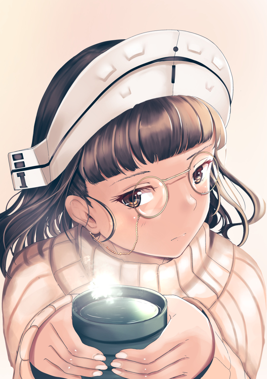 1girl absurdres bangs blunt_bangs brown_eyes brown_hair chiyo_goya cup glasses headdress highres holding holding_cup kantai_collection pince-nez roma_(kantai_collection) simple_background solo sweater upper_body wavy_hair white_sweater