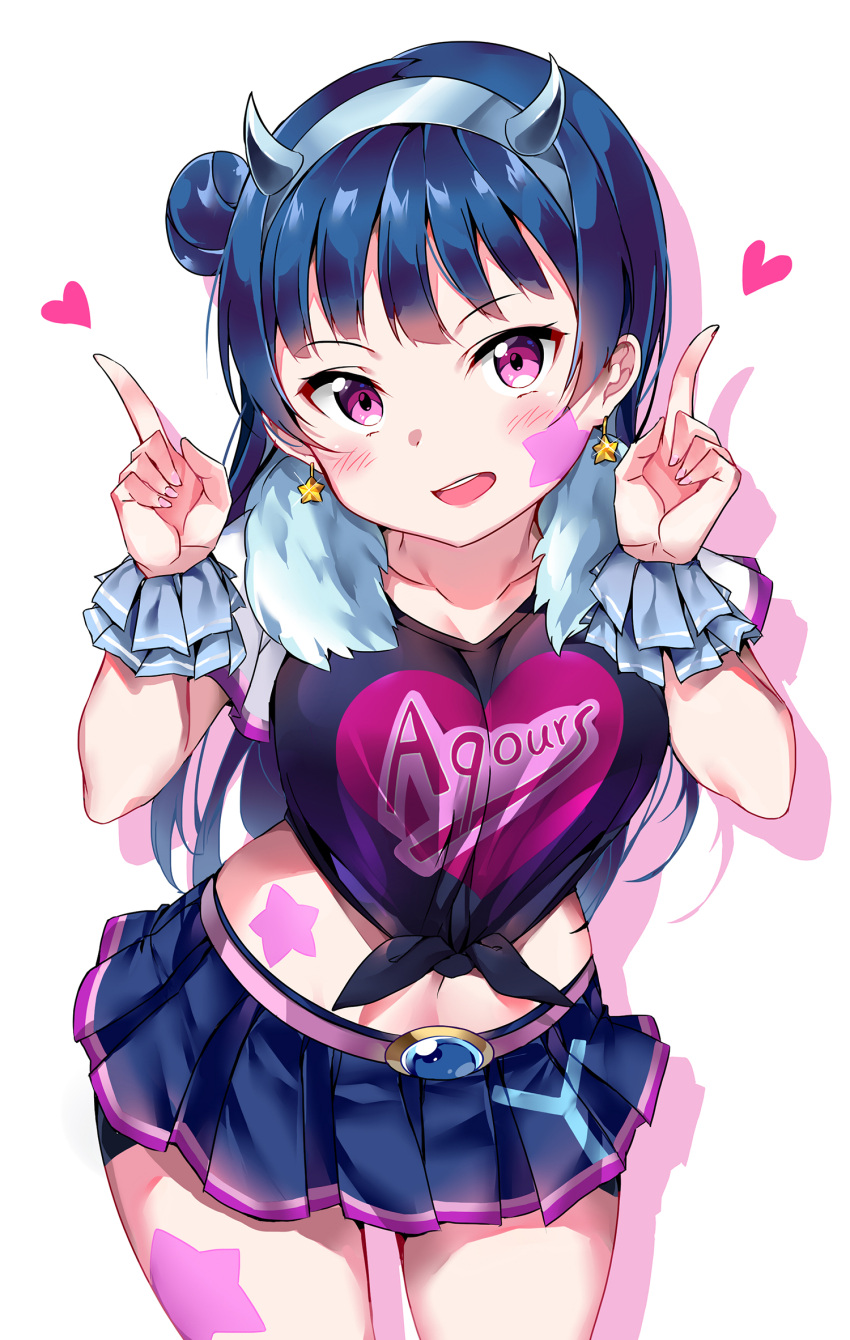 1girl bangs belt bike_shorts blue_hair blush clothes_writing cowboy_shot drop_shadow earrings facial_mark fake_horns fur_collar hairband hands_up heart heart_print highres index_finger_raised jewelry leg_tattoo long_hair looking_at_viewer love_live! love_live!_sunshine!! miniskirt open_mouth pleated_skirt print_shirt shirt short_sleeves shorts_under_skirt side_bun skirt solo star star_earrings stomach_tattoo tattoo tem10 tied_shirt tsushima_yoshiko violet_eyes white_background wristband