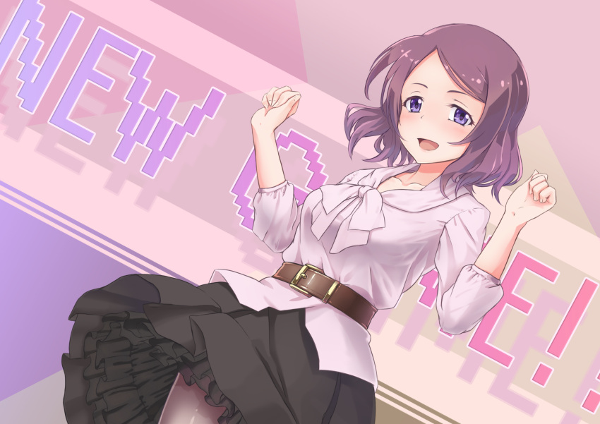 1girl :d bangs belt black_legwear black_skirt blouse blush breasts clenched_hands collarbone copyright_name dutch_angle english felice_qaddaf highres medium_breasts new_game! open_mouth pantyhose purple_hair silhouette skirt smile solo swept_bangs tooyama_rin violet_eyes