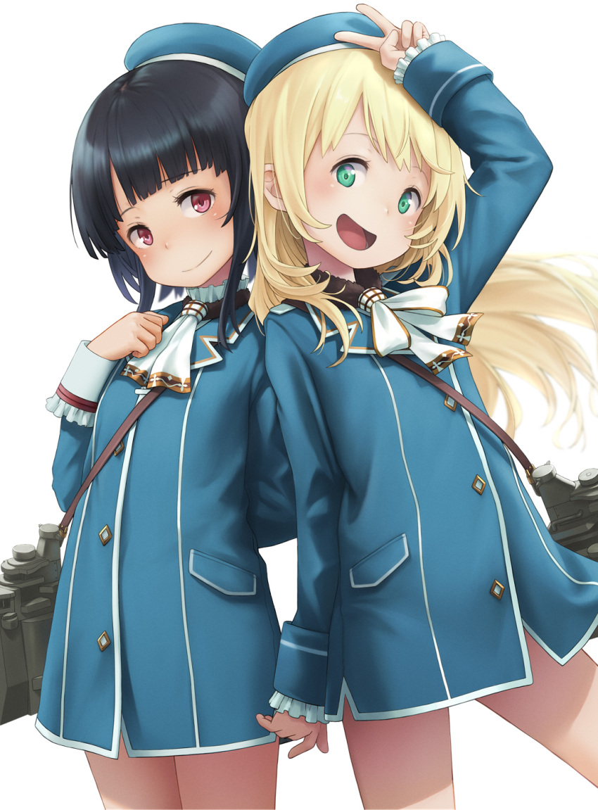 2girls :d arm_at_side arm_behind_back arm_up atago_(kantai_collection) bangs binoculars black_hair blazer blonde_hair blunt_bangs blush child frilled_sleeves frills green_eyes head_tilt highres jacket kakinomai kantai_collection long_hair long_sleeves looking_at_viewer machinery multiple_girls open_mouth red_eyes short_hair_with_long_locks simple_background smile takao_(kantai_collection) v white_background younger