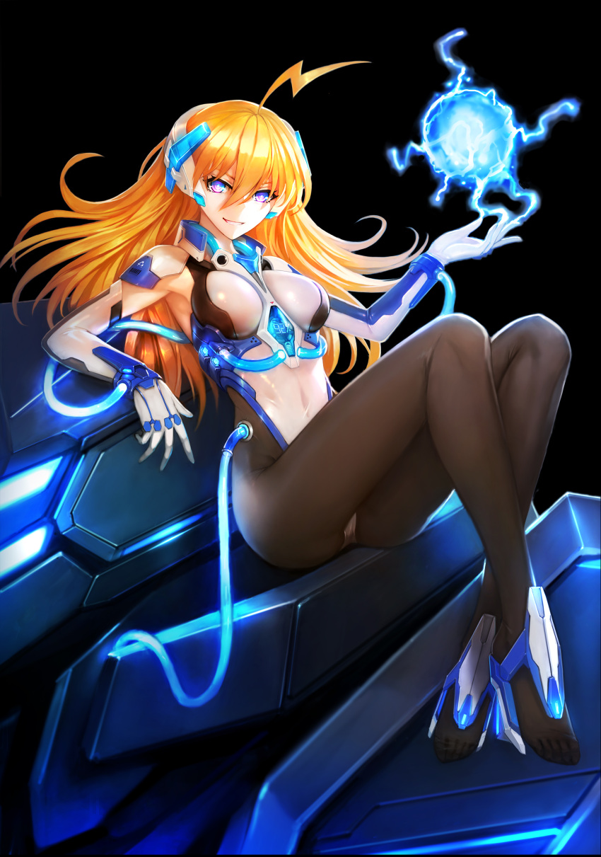 1girl :d absurdres ahoge arm_guards armpits bangs between_breasts black_background black_legwear blonde_hair breasts covered_navel elbow_gloves electricity feet gloves glowing grin hair_between_eyes harness headgear highleg highleg_leotard highres knees_up legs legs_together leotard long_hair looking_at_viewer medium_breasts moeoh_ex no_shoes open_mouth pantyhose shoulder_pads simple_background sitting skin_tight smile solo teeth toes very_long_hair violet_eyes white_gloves white_leotard zhuore_zhi_hen