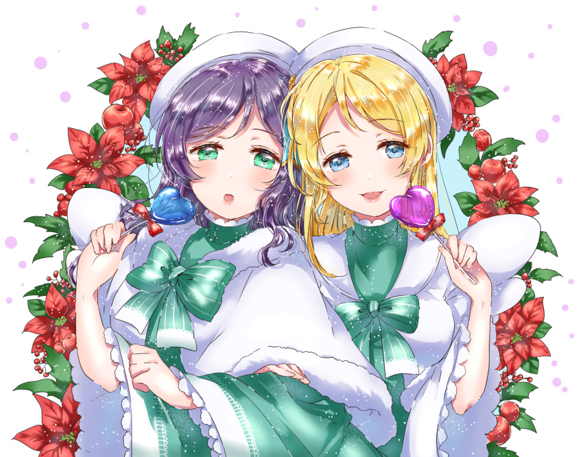 2girls :d :o angel_wings ayase_eli beret blonde_hair blue_eyes bow bowtie candy capelet christmas clenched_hand flower food green_eyes green_neckwear hair_down hand_on_another's_arm hat hat_ribbon holding_lollipop holly kaisou_(0731waka) lollipop looking_at_viewer love_live! love_live!_school_idol_project multiple_girls open_mouth poinsettia purple_hair ribbon smile striped_neckwear toujou_nozomi upper_body white_hat wide_sleeves wings
