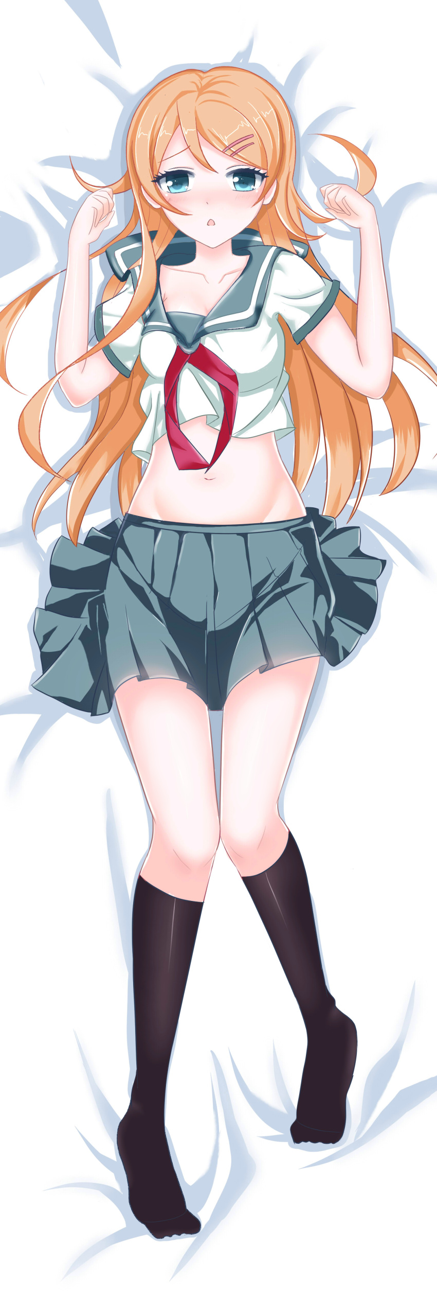 1girl absurdres black_legwear blue_eyes blue_skirt blush breasts collarbone eyebrows_visible_through_hair hair_ornament hairclip highres kneehighs kousaka_kirino long_hair looking_at_viewer lying medium_breasts navel on_back orange_hair ore_no_imouto_ga_konna_ni_kawaii_wake_ga_nai parted_lips skirt solo youga