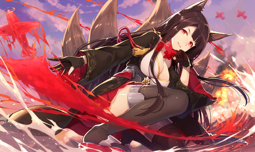 1girl akagi_(azur_lane) animal_ears azur_lane bangs black_gloves black_hair black_kimono blunt_bangs clouds cloudy_sky day explosion fox_ears fox_tail gloves hakama_skirt hand_up highres japanese_clothes kibanda_gohan kimono kitsune knee_up kneeling long_hair multiple_tails obi ocean one_knee open_clothes open_kimono outdoors outstretched_arm parted_lips partly_fingerless_gloves pleated_skirt red_eyes red_skirt ripples sash sidelocks skirt sky solo tail tareme thigh-highs thighs very_long_hair wide_sleeves