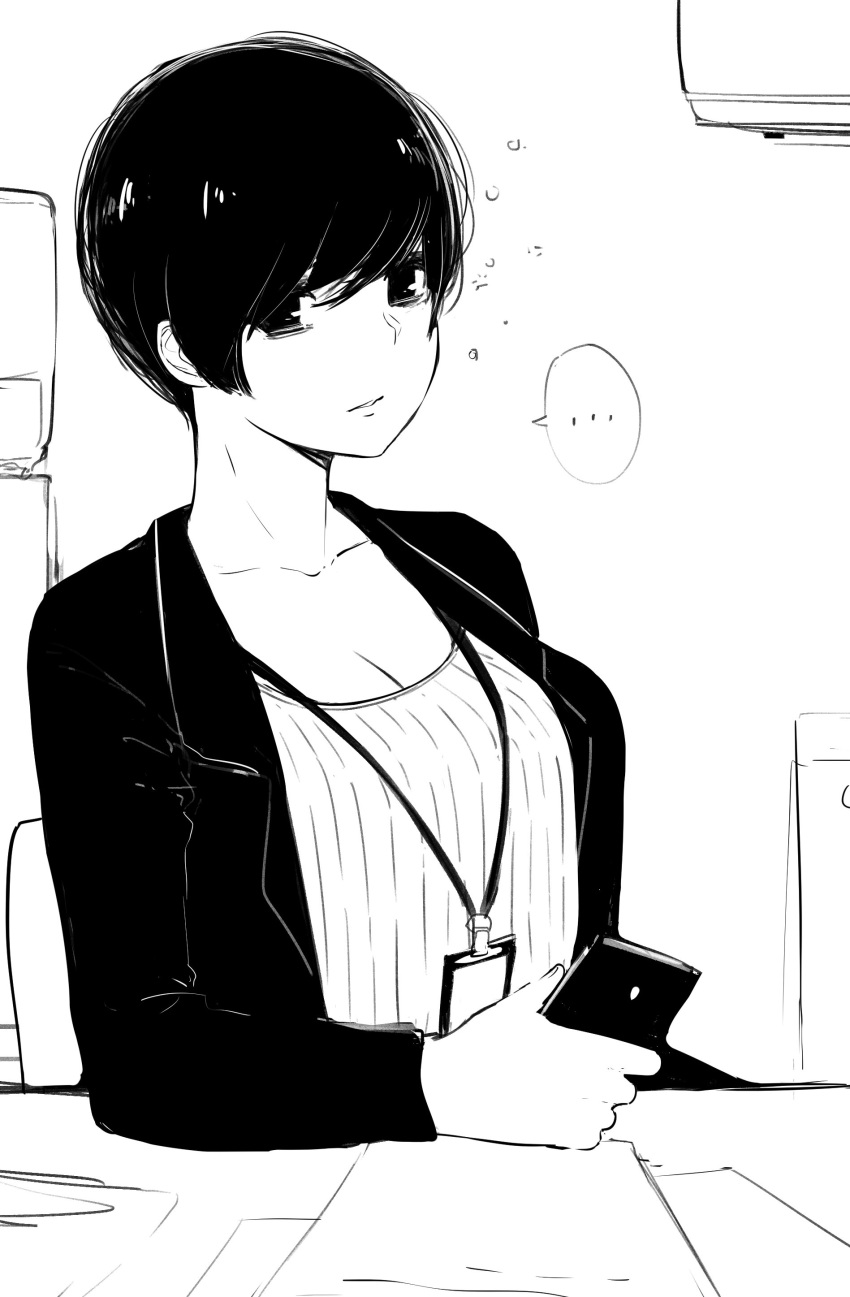1girl absurdres black_hair breasts cellphone cleavage collarbone commentary greyscale highres holding holding_phone jacket large_breasts long_sleeves monochrome name_tag norman_maggot office_lady original phone ribbed_shirt shirt short_hair sitting sleepy smartphone solo table upper_body