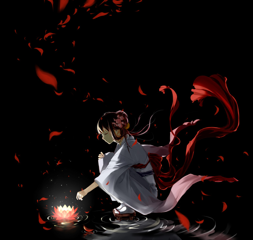 1girl absurdres backlighting black_background brown_hair closed_eyes clouble darkness flower geta glowing glowing_flower hair_ornament highres japanese_clothes kimono lotus original petals petals_on_water reflection ripples simple_background solo standing standing_on_liquid white_kimono