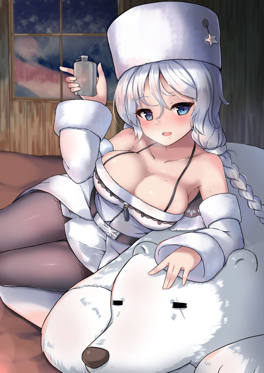 1girl :d =_= absurdres avrora_(azur_lane) azur_lane bear belt black_legwear blush braid breasts cleavage closed_eyes collarbone commentary_request detached_sleeves dress eyebrows_visible_through_hair flask glint hair_between_eyes halterneck hat head_tilt highres holding indoors large_breasts long_hair long_sleeves looking_at_viewer lying on_side on_stomach open_mouth pantyhose polar_bear scar scar_across_eye shou_jian_yu silver_hair smile solo star strapless strapless_dress sweat very_long_hair white_dress white_hat window