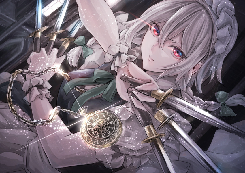 1girl bow braid commentary_request green_bow hair_bow holding holding_weapon izayoi_sakuya jan_(lightdragoon) knife looking_at_viewer maid_headdress pocket_watch puffy_short_sleeves puffy_sleeves red_eyes short_hair short_sleeves solo touhou twin_braids watch weapon white_hair wrist_cuffs