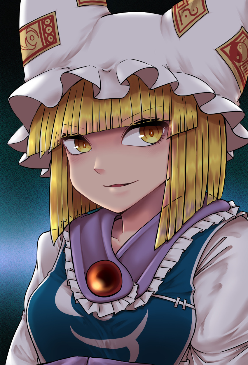 1girl absurdres animal_ears bangs blonde_hair blue_background blunt_bangs bright_pupils dress eyebrows_visible_through_hair fox_ears gem hat highres looking_at_viewer ofuda parted_lips pillow_hat smile solo tabard toluda touhou upper_body v-shaped_eyebrows white_dress yakumo_ran yellow_eyes