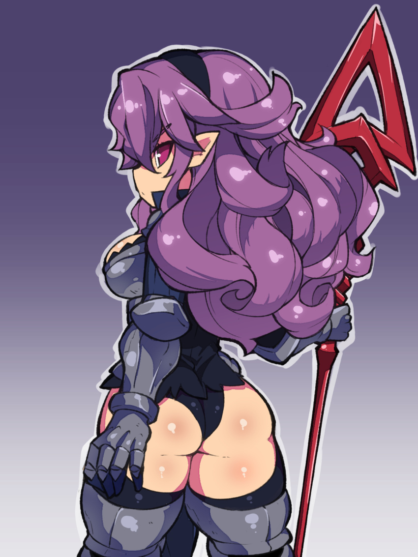 1girl armor ass black_hairband black_leotard disgaea expressionless fukurou_(owl222) hairband heavy_knight_(disgaea) highres holding holding_spear holding_weapon leotard long_hair pointy_ears polearm purple_background purple_hair shiny shiny_skin simple_background solo spear thigh-highs violet_eyes weapon