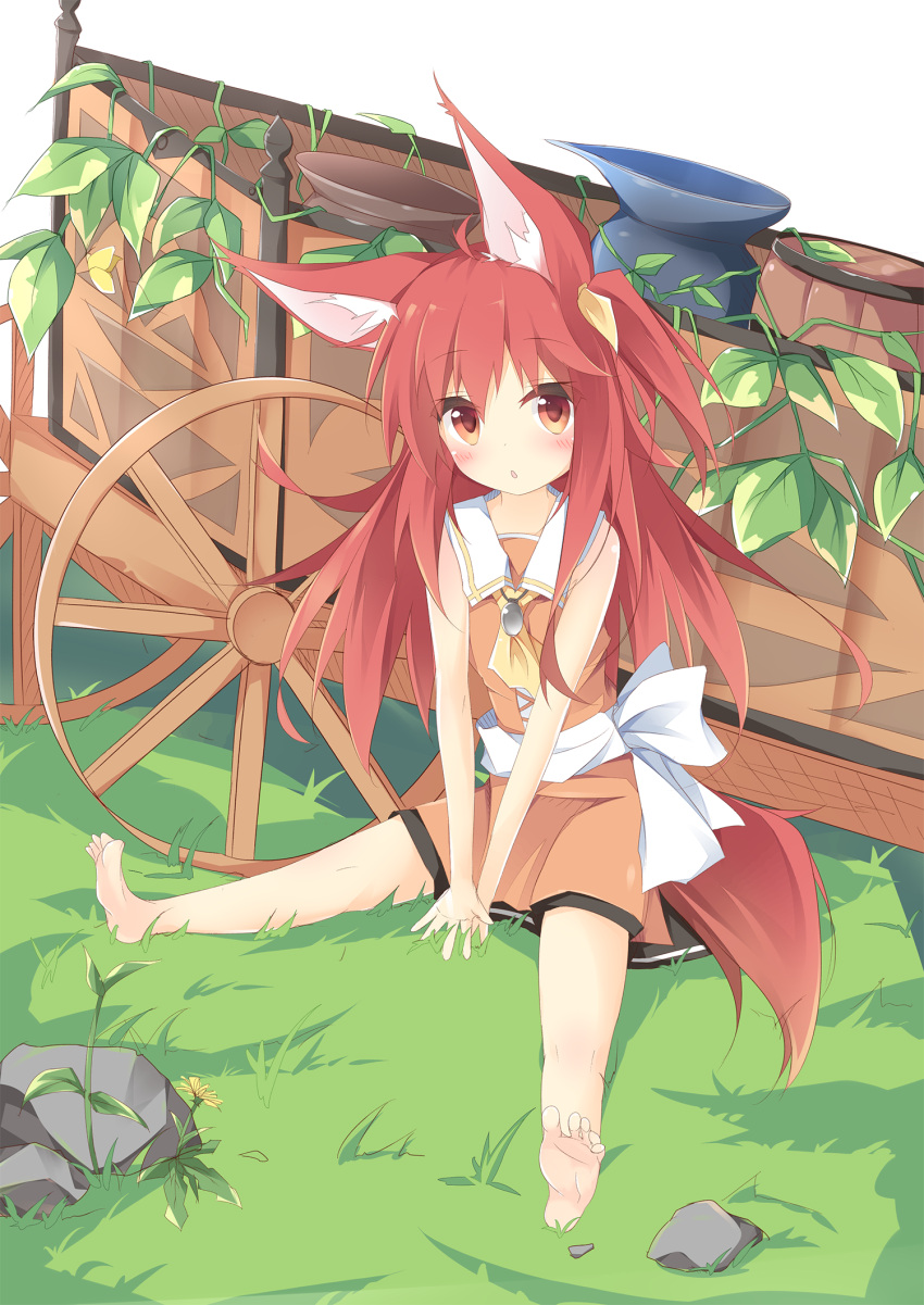 1girl ahoge animal_ears ascot bangs barefoot between_legs blush bow brown_dress commentary_request day dress eyebrows_visible_through_hair fox_ears fox_girl fox_tail grass hair_between_eyes hair_ribbon hand_between_legs highres jewelry kushida_you leaf looking_at_viewer on_grass one_side_up original outdoors parted_lips pendant red_eyes redhead ribbon sailor_dress sitting soles solo spread_legs stone tail v_arms wagon white_bow yellow_flower yellow_neckwear yellow_ribbon