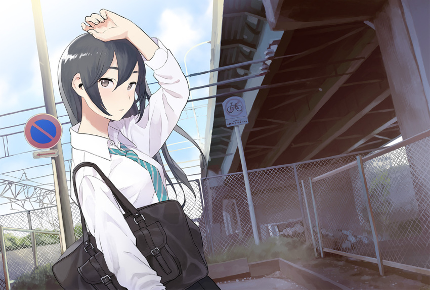 1girl aqua_neckwear arm_up bag bangs black_hair black_skirt bridge chain-link_fence closed_mouth collared_shirt day dutch_angle fence from_side grey_eyes hair_between_eyes long_hair long_sleeves looking_at_viewer morifumi necktie original outdoors pleated_skirt school_bag school_uniform shirt shoulder_bag sign skirt solo striped_neckwear upper_body white_shirt