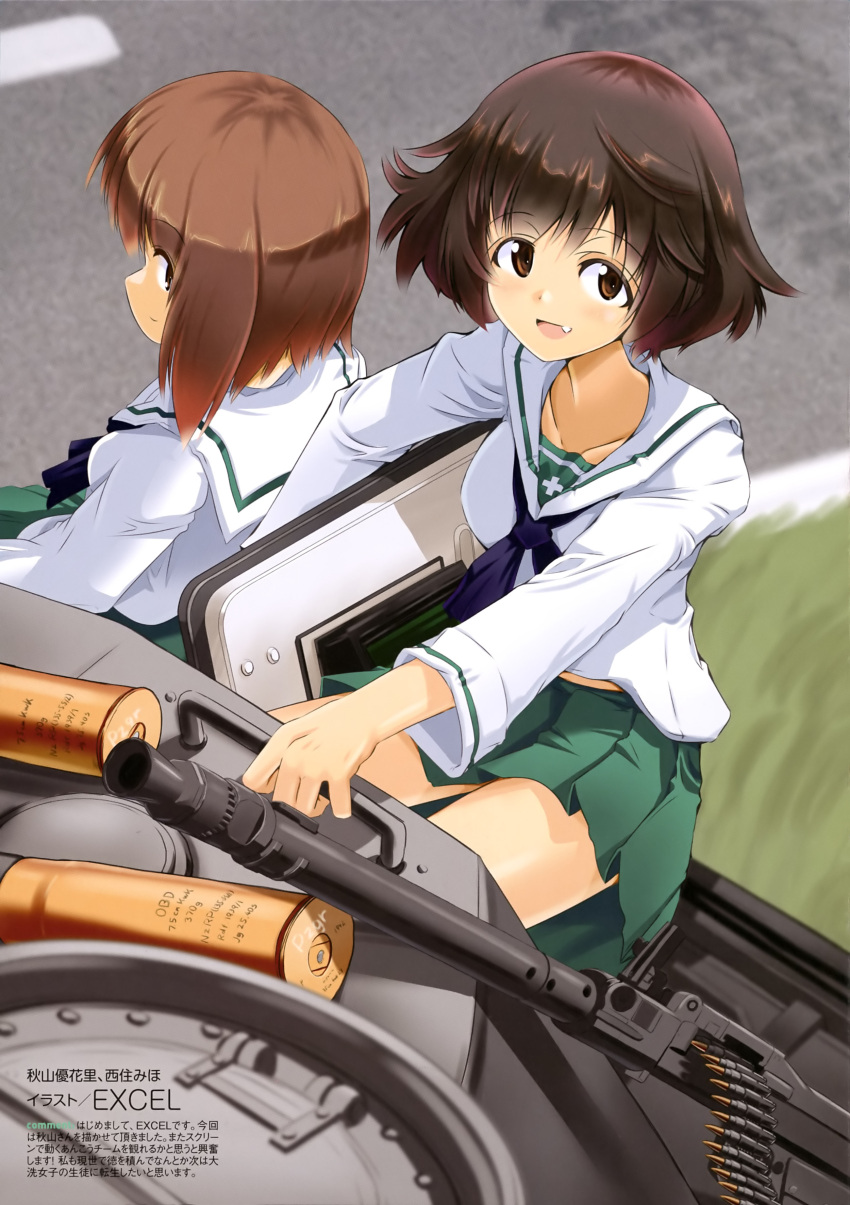 absurdres akiyama_yukari artist_name bangs black_neckwear blouse blurry blurry_background brown_eyes brown_hair character_name closed_mouth day depth_of_field excel_(gewalt) eyebrows_visible_through_hair fang foreshortening girls_und_panzer green_skirt ground_vehicle gun highres holding long_sleeves looking_at_viewer looking_back machine_gun messy_hair military military_vehicle miniskirt motor_vehicle neckerchief nishizumi_miho ooarai_school_uniform open_mouth outdoors pleated_skirt road school_uniform serafuku short_hair sitting skirt smile tank tank_shell translation_request weapon weapon_request white_blouse