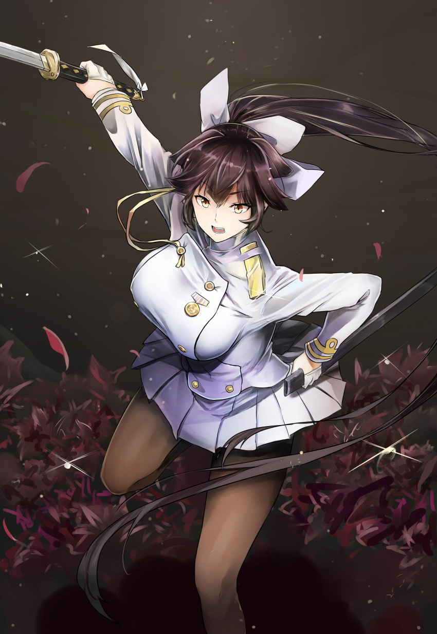 1girl absurdres azur_lane bangs black_background bow breasts brown_hair floral_background glint gloves hair_bow highres holding holding_sword holding_weapon jeffrey10 katana large_breasts leaning_forward leg_up long_hair long_sleeves looking_at_viewer military military_uniform outstretched_arm petals pleated_skirt ponytail sheath skirt solo standing standing_on_one_leg sword takao_(azur_lane) tsurime uniform unsheathed v-shaped_eyebrows very_long_hair weapon white_bow white_gloves white_skirt yellow_eyes
