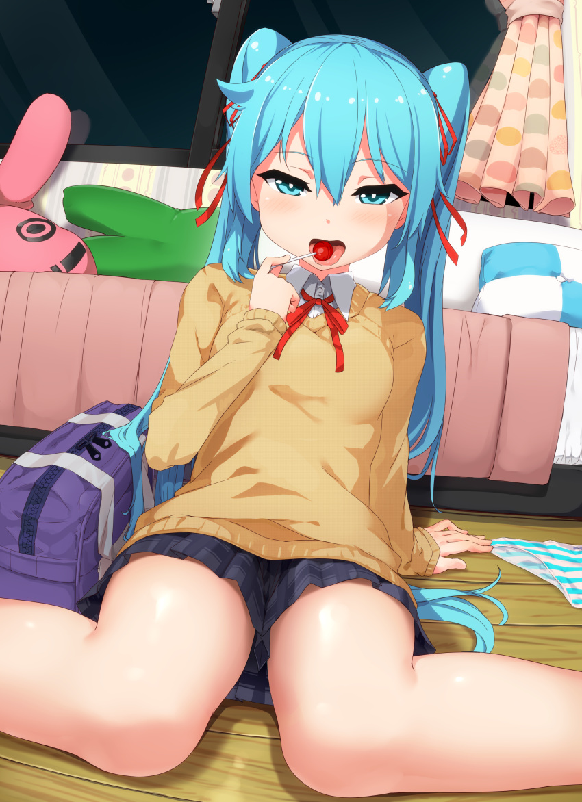 1girl abmayo absurdres aqua_eyes aqua_hair bag bed bedroom candy curtains eating eyebrows_visible_through_hair food hatsune_miku highres lollipop long_hair open_mouth panties sitting skirt solo striped striped_panties sweater tongue twintails underwear very_long_hair vocaloid wariza window