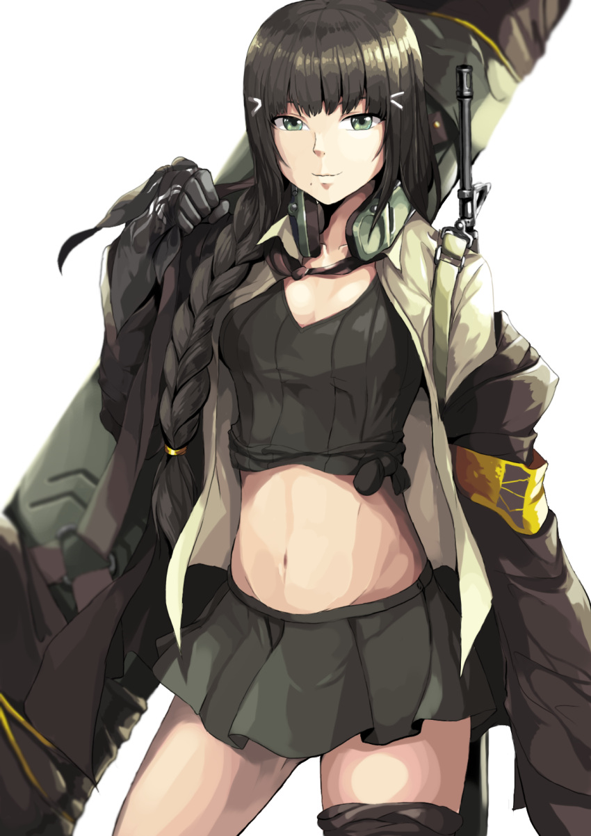 alternate_hairstyle black_gloves black_hair black_shirt black_skirt blurry braid breasts closed_mouth collarbone collared_shirt cosplay cowboy_shot depth_of_field girls_frontline gloves gun hair_ornament hair_over_shoulder hairclip headphones headphones_around_neck highres holding jacket kurosawa_dia long_hair looking_at_viewer love_live! love_live!_sunshine!! m16a1_(girls_frontline) m16a1_(girls_frontline)_(cosplay) medium_breasts mole mole_under_mouth navel off_shoulder open_clothes open_shirt pleated_skirt rifle shirt skirt smile tied_shirt weapon white_background wing_collar