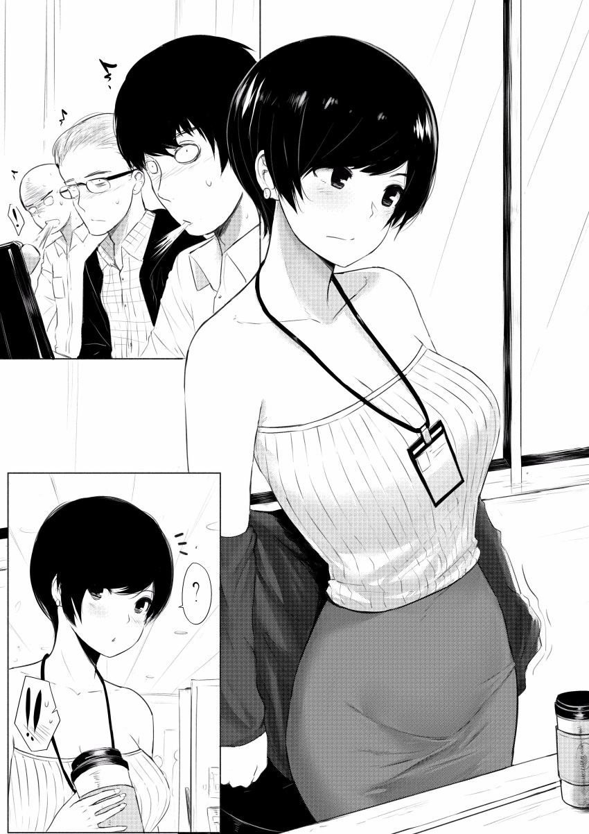 !! 1girl 3boys ? absurdres bare_shoulders black_hair breasts checkered_shirt cleavage coffee_cup collarbone collared_shirt comic commentary cowboy_shot earrings glasses greyscale highres indoors jacket jacket_removed jewelry large_breasts monochrome multiple_boys name_tag norman_maggot office_lady original pencil_skirt shirt short_hair skirt sleeveless solo speech_bubble