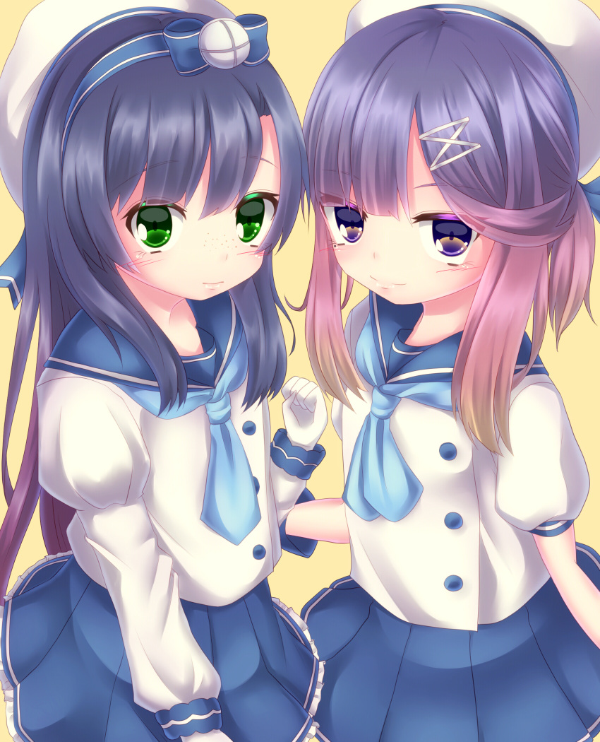 2girls beret blue_hair freckles gloves green_eyes hair_ornament hairband hairclip hat highres kantai_collection long_hair looking_at_viewer matsuwa_(kantai_collection) multicolored_hair multiple_girls school_uniform short_hair_with_long_locks simple_background smile tsushima_(kantai_collection) white_gloves