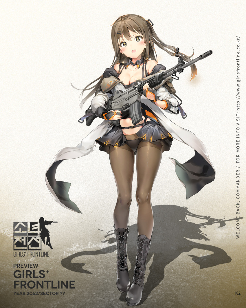 1girl anmi assault_rifle bangs bare_shoulders black_panties blush boots breasts brown_eyes brown_hair character_name cleavage collarbone copyright_name cross-laced_footwear daewoo_k2 eyebrows_visible_through_hair fingerless_gloves full_body girls_frontline gloves gun hair_ornament hairclip highres holding jacket k-2_(girls_frontline) knee_boots korean lace-up_boots logo long_hair looking_at_viewer medium_breasts navel official_art open_mouth panties rifle shadow smile solo standing underwear watermark weapon web_address