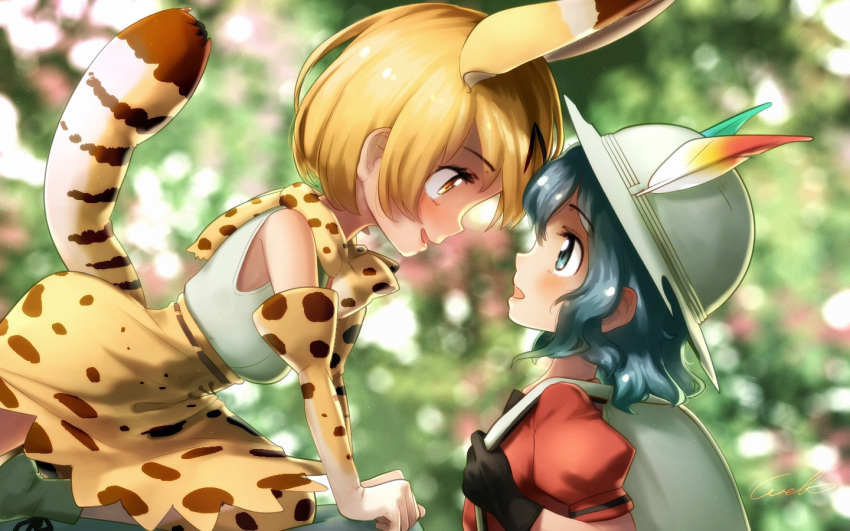 2girls :d animal_ears backpack bag black_gloves blonde_hair blurry blurry_background bow bowtie breasts bucket_hat closed_eyes commentary_request elbow_gloves extra_ears eyebrows_visible_through_hair face-to-face gloves green_eyes hat hat_feather high-waist_skirt kaban_(kemono_friends) kemono_friends medium_breasts multiple_girls open_mouth print_gloves print_neckwear print_skirt profile puffy_short_sleeves puffy_sleeves red_shirt serval_(kemono_friends) serval_ears serval_print serval_tail shirt short_sleeves skirt sleeveless sleeveless_shirt smile tail welt_(kinsei_koutenkyoku) white_hat white_shirt yellow_eyes