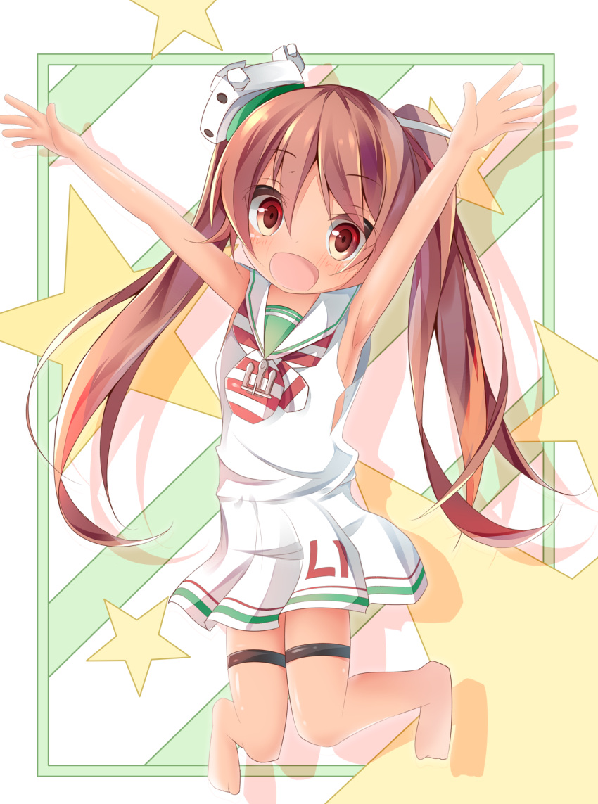 1girl :d armpits bangs barefoot blush brown_eyes brown_hair commentary_request diagonal_stripes dress eyebrows_visible_through_hair full_body hair_between_eyes highres kantai_collection kushida_you libeccio_(kantai_collection) long_hair looking_at_viewer open_mouth outstretched_arms sailor_collar sailor_dress sleeveless sleeveless_dress smile solo star striped_neckwear twintails very_long_hair white_dress white_sailor_collar