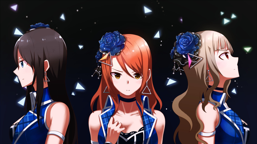 3girls absurdres armband bare_shoulders black_hair breasts brown_hair choker collarbone earrings flower green_eyes hair_flower hair_ornament highres houjou_karen idolmaster idolmaster_cinderella_girls idolmaster_cinderella_girls_starlight_stage jewelry kamiya_nao long_hair medium_breasts multiple_girls orange_hair red_eyes shibuya_rin sleeveless triad_primus triangle tyureu yellow_eyes