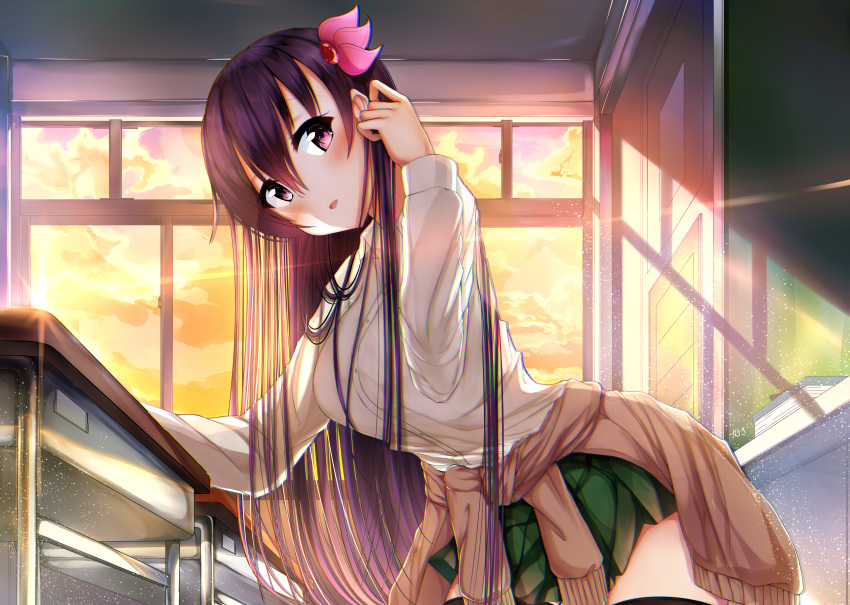 1girl absurdres backlighting black_legwear blush breasts brown_jacket chalkboard classroom clothes_around_waist desk evening green_skirt hair_ornament hairpin highres hiragi_ringo indoors jacket jacket_around_waist kantai_collection kisaragi_(kantai_collection) leaning_forward light_particles long_hair long_sleeves looking_at_viewer medium_breasts purple_hair school_desk school_uniform shirt signature skirt solo sunlight tareme thigh-highs very_long_hair violet_eyes white_shirt window zettai_ryouiki