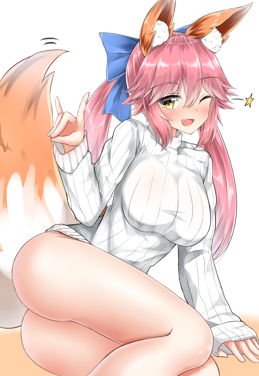 1girl absurdres animal_ears ass blush bottomless breasts calligraphy_brush calligraphy_brush_(medium) fang fate_(series) fox_ears fox_shadow_puppet fox_tail graphite_(medium) hair_ribbon highres large_breasts long_hair looking_at_viewer moyoron no_panties one_eye_closed open_mouth paintbrush pink_eyebrows pink_hair ribbon simple_background smile solo star sweater sweater_vest tail tamamo_(fate)_(all) tamamo_no_mae_(fate) thighs thighs_together traditional_media white_background