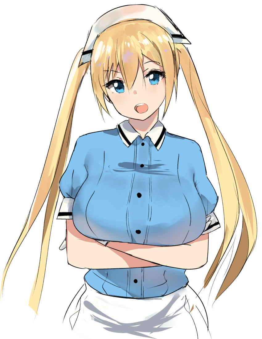 :o absurdres blend_s blonde_hair blue_eyes blue_shirt breasts commentary crossed_arms highres hinata_kaho large_breasts looking_at_viewer norman_maggot shirt simple_background twintails white_background