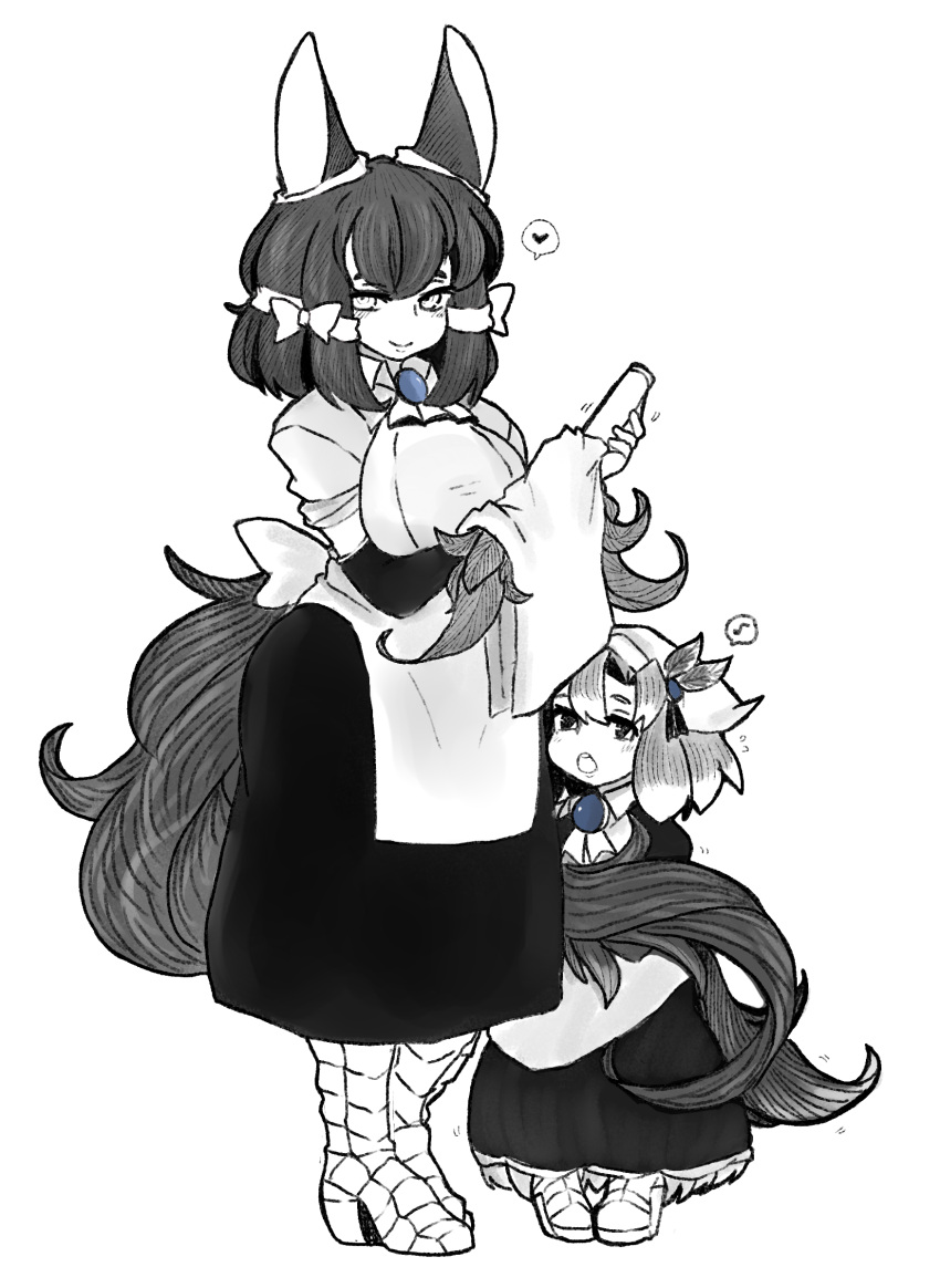 2girls animal_ears apron bangs black_dress bow child cleaning collared_dress dress elbow_gloves feathers flying_sweatdrops gem gloves greyscale hair_bow hair_feathers hat heart high_heels highres kikimora_(monster_girl_encyclopedia) latenight looking_at_viewer maid maid_apron monochrome monster_girl monster_girl_encyclopedia multiple_girls musical_note open_mouth parted_lips pigeon-toed proto_kikimora_(monster_girl_encyclopedia) puffy_short_sleeves puffy_sleeves scales short_hair short_sleeves simple_background smile spoken_heart spoken_musical_note spot_color standing tail towel white_background younger