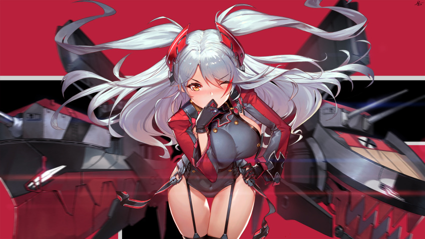 1girl adapted_costume azur_lane bangs black_gloves black_legwear blush breasts brown_eyes covered_navel covering_mouth cowboy_shot duan_henglong eyebrows_visible_through_hair foreshortening garter_straps gloves grey_leotard groin hand_on_hip hand_up headgear highres iron_cross leaning_forward long_hair long_sleeves looking_at_viewer machinery multicolored_hair nose_blush one_eye_closed prinz_eugen_(azur_lane) redhead shiny shiny_hair sideboob silver_hair solo standing streaked_hair swept_bangs thigh-highs thigh_gap thighs turret two_side_up v-shaped_eyebrows very_long_hair