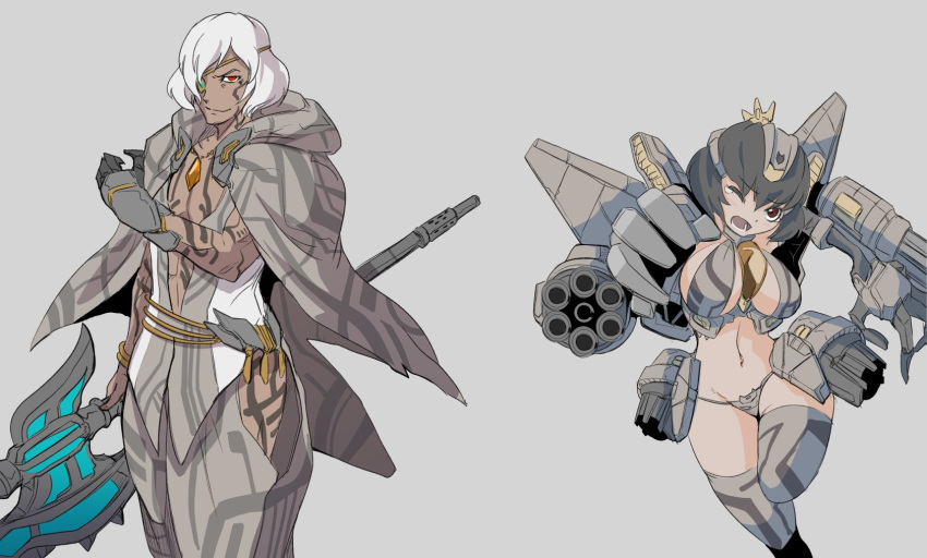 1boy 1girl armor axe battle_axe black_hair breasts decepticon eyebrows_visible_through_hair eyepatch gatling_gun genderswap genderswap_(mtf) gloves grey_background grey_hair gun hair_between_eyes head_only highres holding holding_axe holding_weapon huge_weapon humanization kamizono_(spookyhouse) large_breasts looking_at_viewer machine machine_gun machinery mecha mecha_musume mechanical_wings open_mouth original pants personification red_eyes short_hair simple_background starscream thigh-highs transformers turret weapon wings