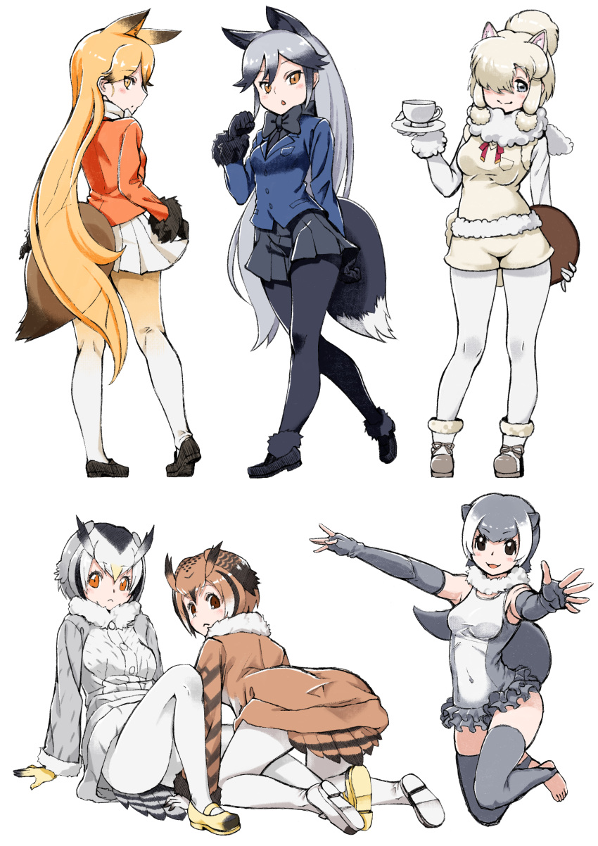 6+girls :&lt; absurdres alpaca_ears alpaca_suri_(kemono_friends) animal_ears bird_tail black_eyes black_gloves black_legwear black_neckwear black_skirt blonde_hair bow bowtie brown_eyes brown_hair chestnut_mouth covered_navel cup elbow_gloves eurasian_eagle_owl_(kemono_friends) extra_ears ezo_red_fox_(kemono_friends) fingerless_gloves fox_ears fox_tail fur-trimmed_sleeves fur_collar fur_trim gloves gradient_legwear grey_eyes grey_gloves grey_hair grey_legwear hair_over_one_eye head_wings highres holding holding_tray horizontal_pupils kemono_friends long_hair multicolored_hair multiple_girls northern_white-faced_owl_(kemono_friends) orange_eyes otter_ears otter_tail outstretched_arms pantyhose pleated_skirt saruchitan short_hair silver_fox_(kemono_friends) simple_background skirt small-clawed_otter_(kemono_friends) stirrup_legwear tail teacup thigh-highs tray very_long_hair white_background white_hair white_legwear white_skirt
