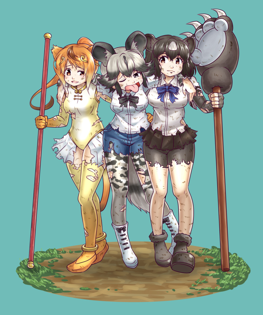 african_wild_dog_(kemono_friends) african_wild_dog_ears african_wild_dog_tail animal_ears bear_ears bear_paw_hammer bear_tail bike_shorts bracelet brown_bear_(kemono_friends) circlet commentary_request doumoto elbow_gloves fingerless_gloves gloves golden_snub-nosed_monkey_(kemono_friends) highleg highleg_leotard highres holding holding_staff jewelry kemono_friends leotard long_hair monkey_ears monkey_tail multicolored_hair multiple_girls short_shorts shorts staff tail tongue tongue_out torn_clothes