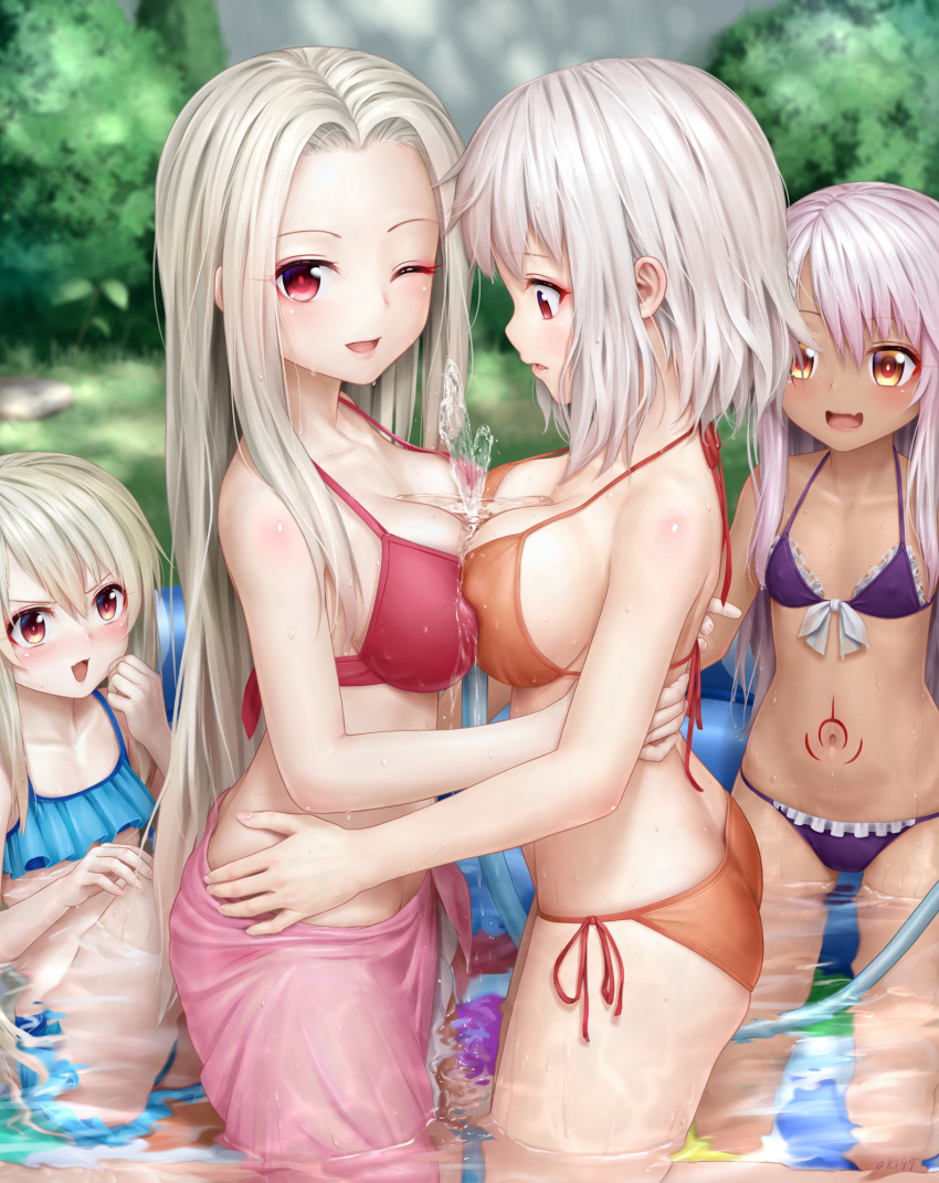 4girls :d ;d aki99 bikini blue_bikini blush breast_press breasts brown_eyes chloe_von_einzbern commentary day fate/kaleid_liner_prisma_illya fate_(series) flat_chest forehead halter_top halterneck highres hose illyasviel_von_einzbern irisviel_von_einzbern large_breasts leysritt long_hair looking_at_viewer looking_down mother_and_daughter multiple_girls one_eye_closed open_mouth outdoors pink_hair purple_bikini red_eyes revision sarong side-tie_bikini sidelocks silver_hair small_breasts smile stomach_tattoo swimsuit symmetrical_docking wading wading_pool