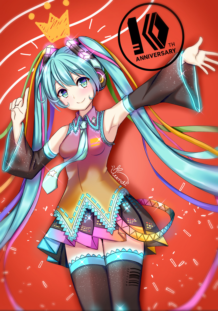 1girl anniversary aqua_eyes aqua_hair aqua_neckwear arm_up armpits barcode black_legwear black_skirt closed_mouth cowboy_shot crown detached_sleeves hatsune_miku highres long_hair looking_at_viewer multicolored multicolored_clothes multicolored_eyes multicolored_hair multicolored_shirt multicolored_skirt necktie orendi_laran pink_eyes red_background shirt signature simple_background skirt sleeveless sleeveless_shirt smile solo thigh-highs twintails vocaloid zettai_ryouiki