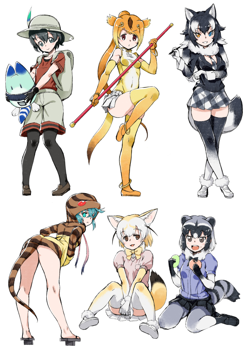 :&lt; :d absurdres animal_ears aqua_eyes aqua_hair backpack bag between_legs black_gloves black_hair black_legwear black_skirt blonde_hair blue_eyes bow bowtie breast_hold breasts brown_eyes bucket_hat circlet commentary_request common_raccoon_(kemono_friends) elbow_gloves extra_ears eyebrows_visible_through_hair fennec_(kemono_friends) food fox_ears fox_tail fur_collar geta gloves golden_snub-nosed_monkey_(kemono_friends) gradient_legwear grey_hair grey_wolf_(kemono_friends) hair_between_eyes hand_between_legs hands_in_pockets hat hat_feather heterochromia highres holding holding_pen japari_bun kaban_(kemono_friends) kemono_friends kneepits leaning_forward legs_crossed long_hair looking_at_viewer lucky_beast_(kemono_friends) multicolored_hair open_mouth orange_gloves orange_hair orange_legwear pantyhose pantyhose_under_shorts pen plaid plaid_skirt pleated_skirt ponytail red_shirt saruchitan shirt short_hair shorts simple_background sitting skirt smile snake_tail staff standing standing_on_one_leg striped_hoodie striped_tail tail tengu-geta thigh-highs tsuchinoko_(kemono_friends) very_long_hair watson_cross white_background white_hair white_shorts wolf_ears wolf_tail yellow_eyes yellow_leotard yellow_neckwear