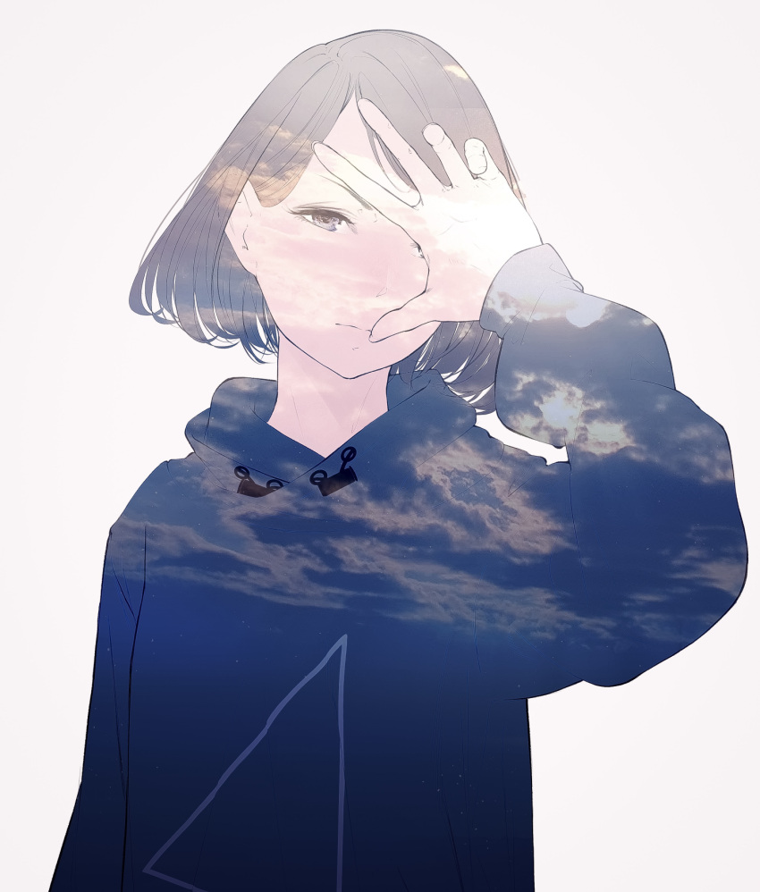 1girl blue_hoodie brown_eyes brown_hair closed_mouth covering_face frown grey_background grimace hand_up highres hood hood_down hoodie long_sleeves looking_at_viewer original short_hair simple_background solo sousou_(sousouworks) upper_body