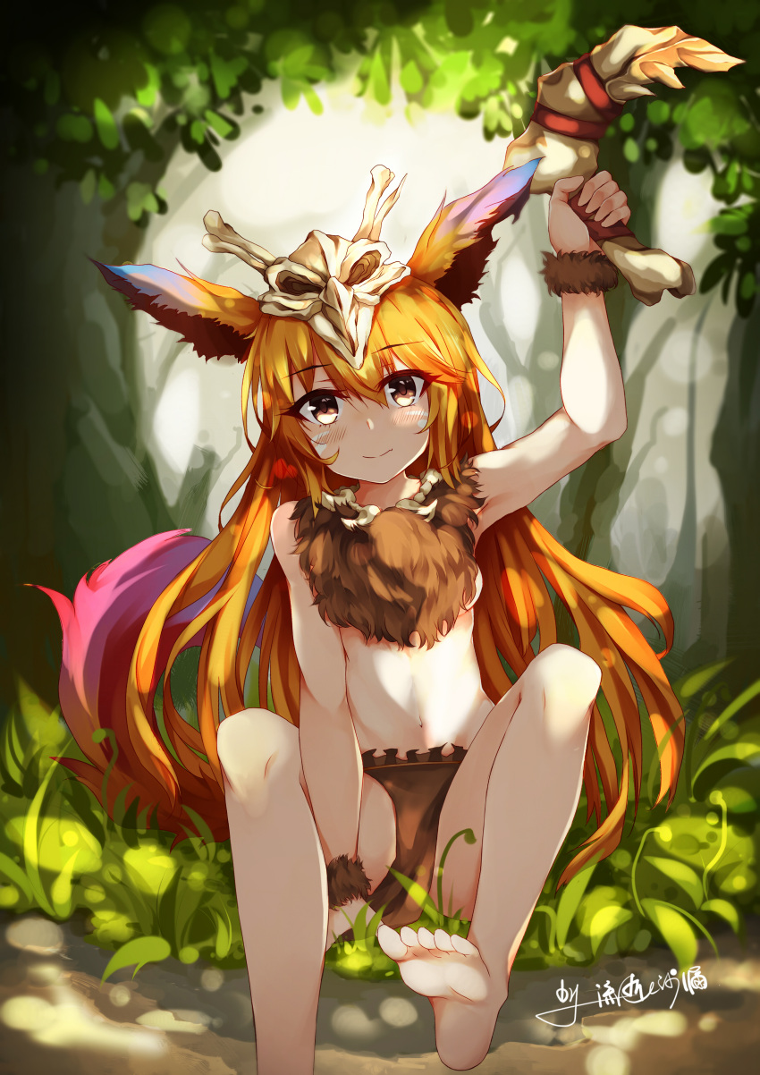 1girl absurdres barefoot blush bone bone_necklace boomerang brown_eyes feather_hair_ornament forest fur gnar hair_skull highres league_of_legends long_hair looking_at_viewer nature navel orange_hair outdoors personification sitting skull smile solo tail