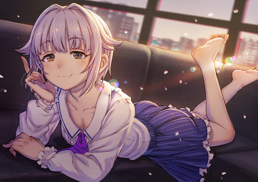 1girl :3 ass barefoot breasts brown_eyes cleavage idolmaster idolmaster_cinderella_girls koshimizu_sachiko kusano_shinta lens_flare_abuse light_rays lying on_stomach purple_hair short_hair skirt small_breasts smile solo