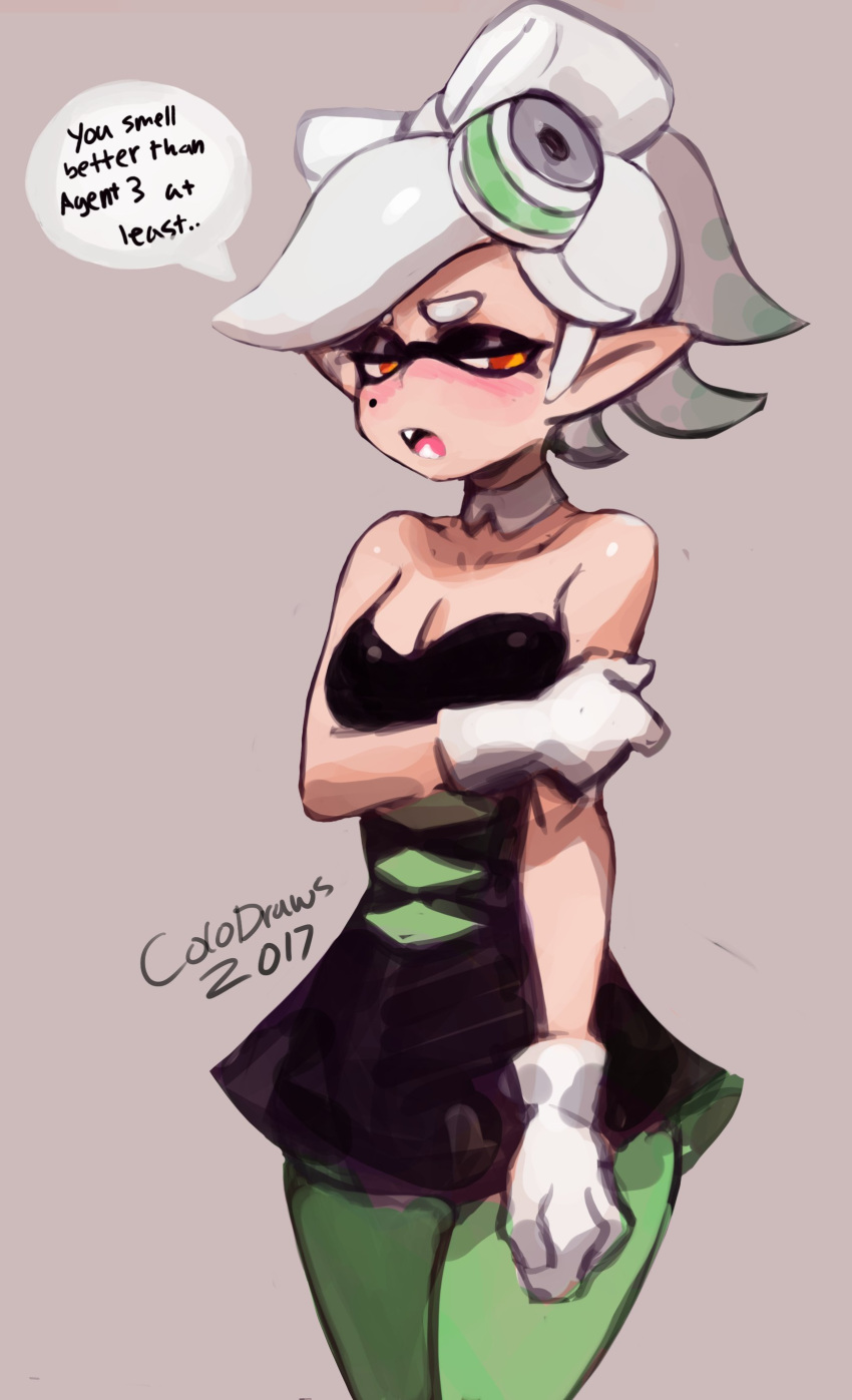 +_+ 1girl absurdres blush colo_(nagrolaz) detached_collar domino_mask dress fangs food food_on_head green_legwear highres hotaru_(splatoon) mask mole mole_under_eye object_on_head pointy_ears short_jumpsuit solo splatoon squid squidbeak_splatoon strapless strapless_dress sushi tentacle_hair